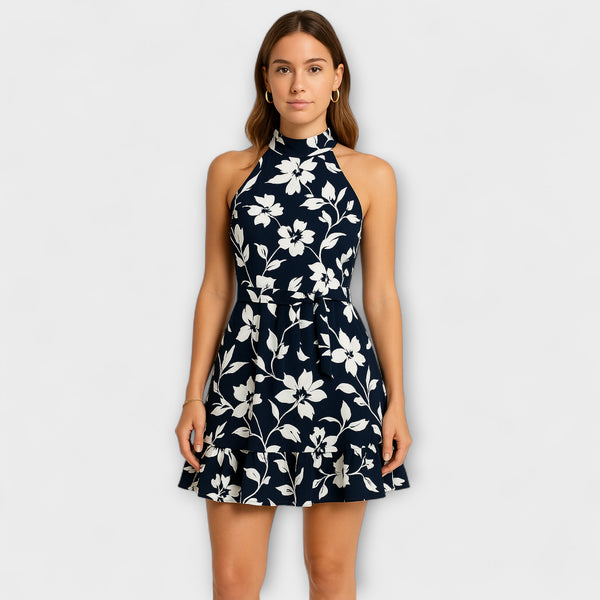Carmel – Blumiges Neckholder-Minikleid